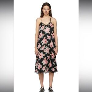 R13 Lace Slip Dress Silk Size Medium Black With Pink Floral Pattern Mid Length
